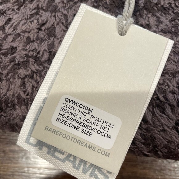 NWT Barefoot Dreams Pom Pom Beanie + Scarf Set CozyChic Knit Espresso/Cocoa - Picture 2 of 7